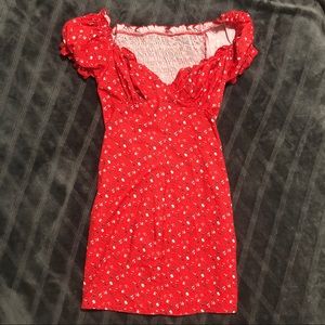 Red ruched floral dress